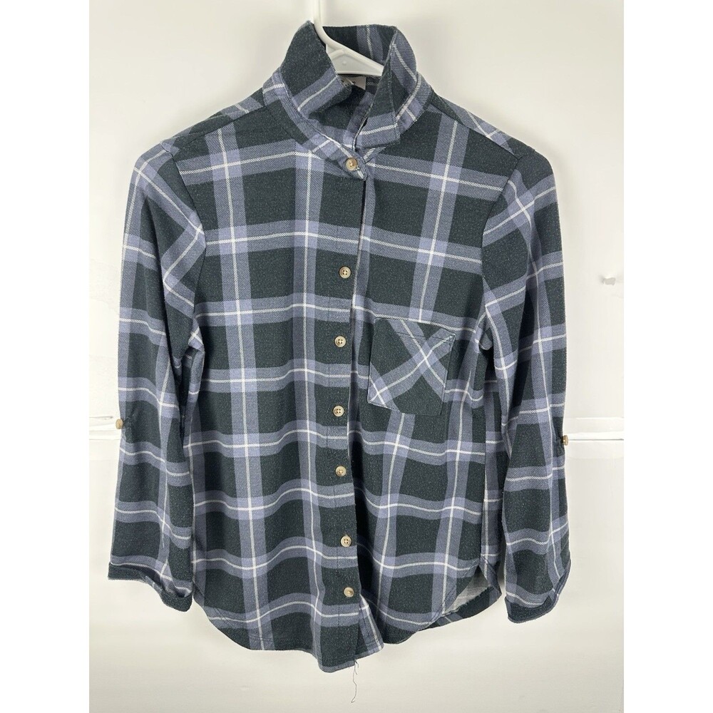 Just Polly New York Black Gray Plaid Flannel Button Up Shirt Women's S"